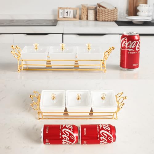 YA JU Ceramic Bowls and with Lid Gold Basket Trays, 3 Removable Small Bowls Condiment Trays Nut Serving Set for Snacks, Fruits, Candy and Condiments - Great for Parties, Holiday Gifts, White - Image 3
