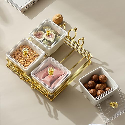 YA JU Ceramic Bowls and with Lid Gold Basket Trays, 3 Removable Small Bowls Condiment Trays Nut Serving Set for Snacks, Fruits, Candy and Condiments - Great for Parties, Holiday Gifts, White - Image 4