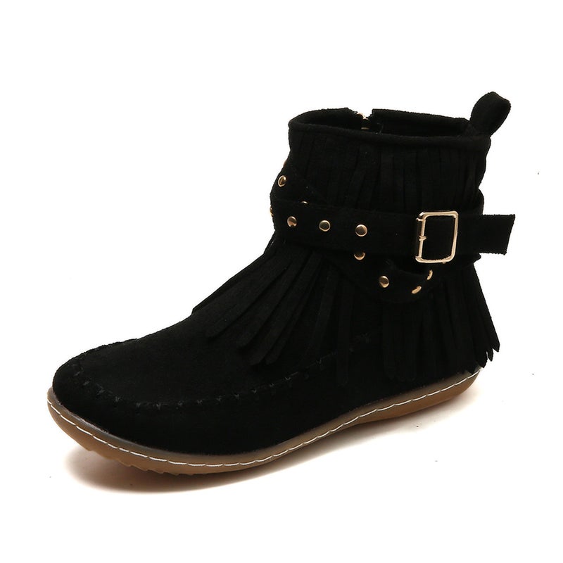 Plus Size Tassel Flat Boots 2023 Belt Buckle Liudin Martin Boots Suede Casual Short - Image 1