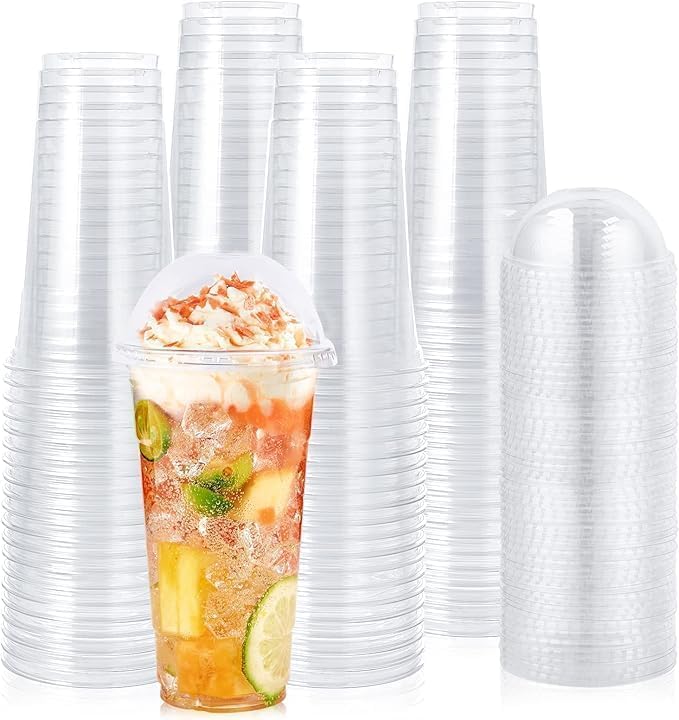 SHOP  SHOPPEE Shop & Shoppee Reusable Transparent Glass with Dome Lids & Straw Pipes | 350ml Cold Beverage Mocktail Cups | Disposable-Look Plastic Coffee Mugs for Juice, Smoothie, Iced Drinks – Pack of 100 - Image 5