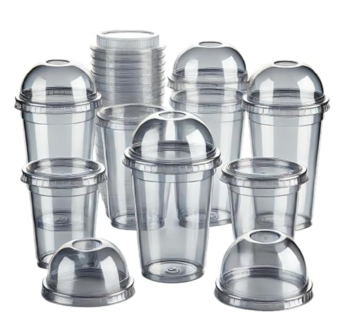 SHOP  SHOPPEE Shop & Shoppee Reusable Transparent Glass with Dome Lids & Straw Pipes | 350ml Cold Beverage Mocktail Cups | Disposable-Look Plastic Coffee Mugs for Juice, Smoothie, Iced Drinks – Pack of 100 - Image 2