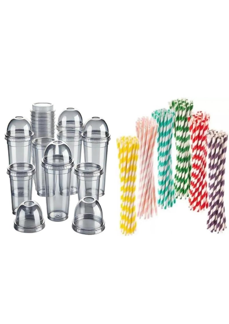 SHOP  SHOPPEE Shop & Shoppee Reusable Transparent Glass with Dome Lids & Straw Pipes | 350ml Cold Beverage Mocktail Cups | Disposable-Look Plastic Coffee Mugs for Juice, Smoothie, Iced Drinks – Pack of 100 - Image 1