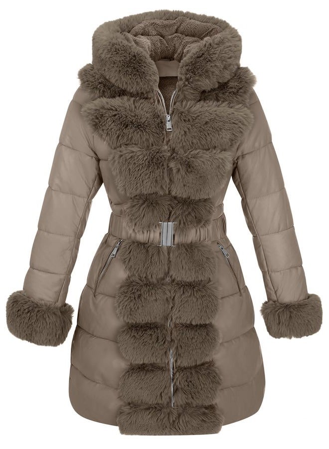 RISISSIDA Puffer Jacket Women Winter Down Faux Fur Lined Puffy Coat with Long Collar Hood, Thicken Quilted Warm Leather Bubble Overcoat Grey 3X-L - Image 1
