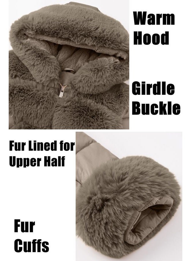 RISISSIDA Puffer Jacket Women Winter Down Faux Fur Lined Puffy Coat with Long Collar Hood, Thicken Quilted Warm Leather Bubble Overcoat Grey 3X-L - Image 5