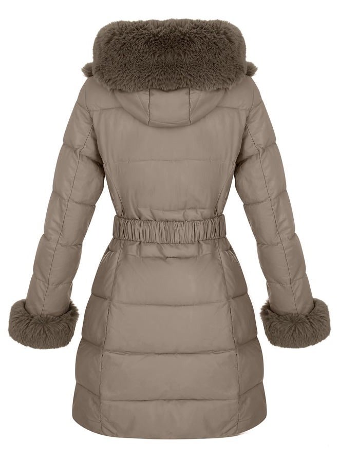 RISISSIDA Puffer Jacket Women Winter Down Faux Fur Lined Puffy Coat with Long Collar Hood, Thicken Quilted Warm Leather Bubble Overcoat Grey 3X-L - Image 4