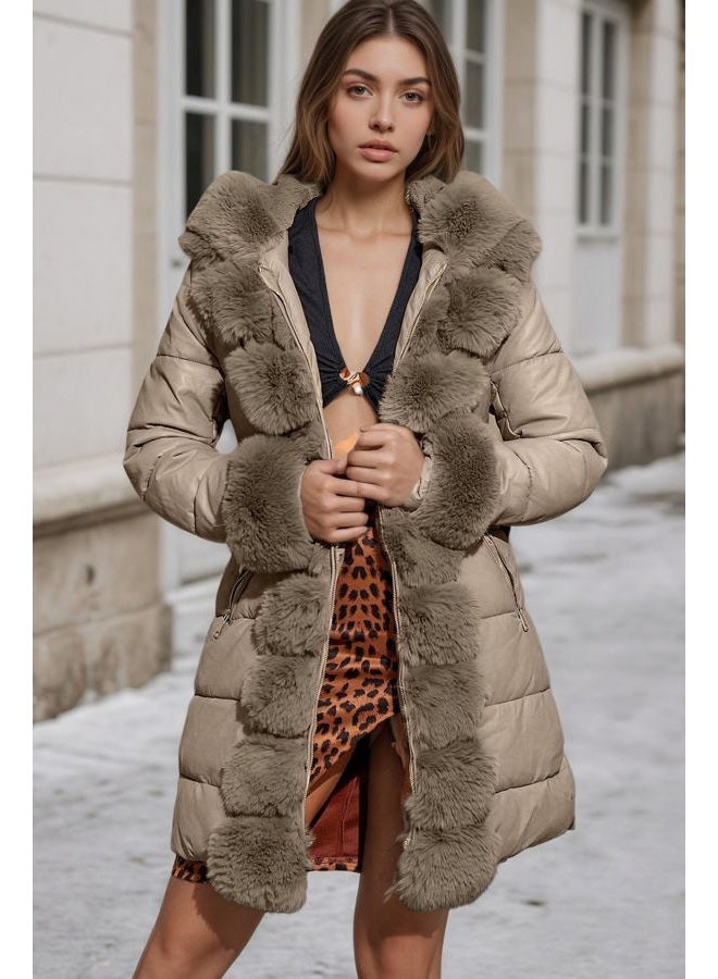 RISISSIDA Puffer Jacket Women Winter Down Faux Fur Lined Puffy Coat with Long Collar Hood, Thicken Quilted Warm Leather Bubble Overcoat Grey 3X-L - Image 2