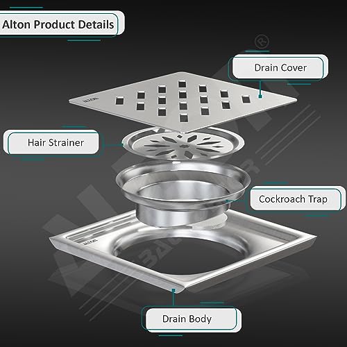 ALTON ALD1003, SS-304 Grade, 5x5 INCH Plain, Bathroom Grating Square Floor Drain Jali with Cockroach Trap, Matte - Image 3