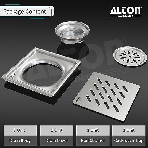 ALTON ALD1003, SS-304 Grade, 5x5 INCH Plain, Bathroom Grating Square Floor Drain Jali with Cockroach Trap, Matte - Image 4