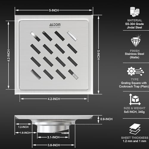 ALTON ALD1003, SS-304 Grade, 5x5 INCH Plain, Bathroom Grating Square Floor Drain Jali with Cockroach Trap, Matte - Image 2