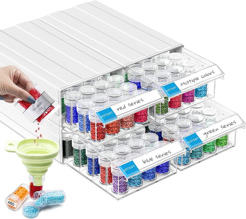 ARTDOT Diamond Art Storage Containers, 4 Pack Stackable Bead Organizers with 128 Slots and Diamond Painting Accessories and Tools for Beads Nail Pill Rhinestones Seed - Image 1