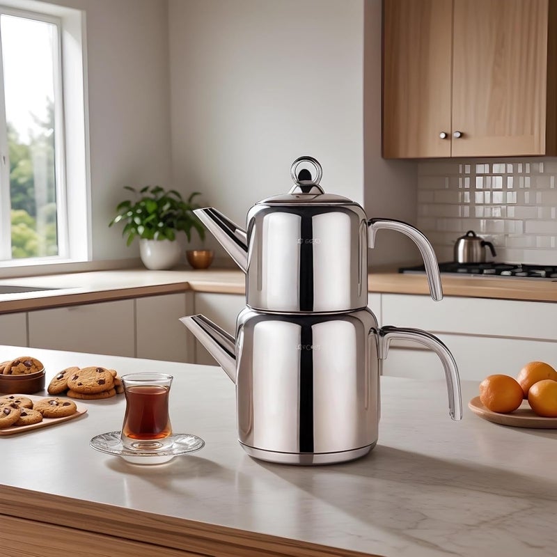 Karaca New Mani Turkish Tea Set for Stovetop, Induction Base Stainless Steel Tea Maker (1L Teapot & 2L Tea Kettle), Dishwasher Safe, Non-Burning Handles Samovar Style - Image 5