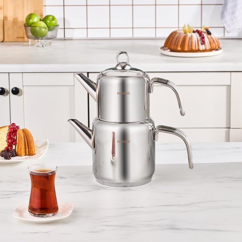 Karaca New Mani Turkish Tea Set for Stovetop, Induction Base Stainless Steel Tea Maker (1L Teapot & 2L Tea Kettle), Dishwasher Safe, Non-Burning Handles Samovar Style - Image 4