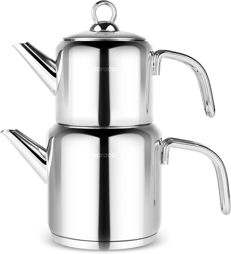 Karaca New Mani Turkish Tea Set for Stovetop, Induction Base Stainless Steel Tea Maker (1L Teapot & 2L Tea Kettle), Dishwasher Safe, Non-Burning Handles Samovar Style - Image 1