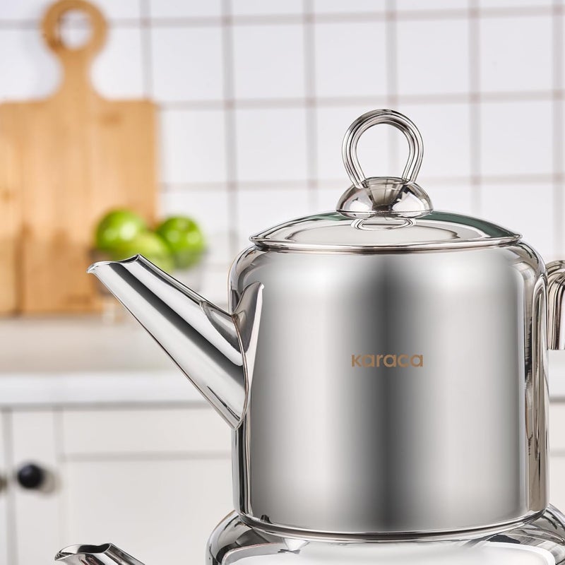 Karaca New Mani Turkish Tea Set for Stovetop, Induction Base Stainless Steel Tea Maker (1L Teapot & 2L Tea Kettle), Dishwasher Safe, Non-Burning Handles Samovar Style - Image 3