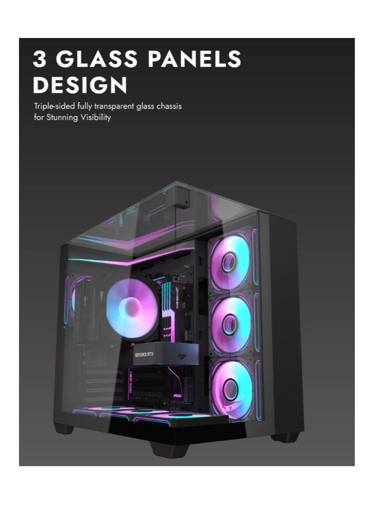 aigo Darkflash TH285 ATX/M-ATX/MINI-ITX Three Side Tempered Glass Gaming PC Case with 4*120 ARGB Pre-Installed Fans & LED Light Strip, Supports 360mm Radiator, USB 3.0 Port, 3*SSD/2*HDD PC Case- Black - Image 2