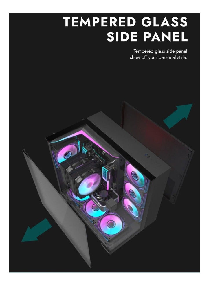 aigo Darkflash TH285 ATX/M-ATX/MINI-ITX Three Side Tempered Glass Gaming PC Case with 4*120 ARGB Pre-Installed Fans & LED Light Strip, Supports 360mm Radiator, USB 3.0 Port, 3*SSD/2*HDD PC Case- Black - Image 3