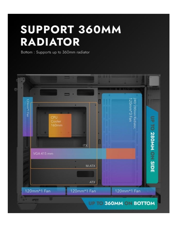 aigo Darkflash TH285 ATX/M-ATX/MINI-ITX Three Side Tempered Glass Gaming PC Case with 4*120 ARGB Pre-Installed Fans & LED Light Strip, Supports 360mm Radiator, USB 3.0 Port, 3*SSD/2*HDD PC Case- Black - Image 4