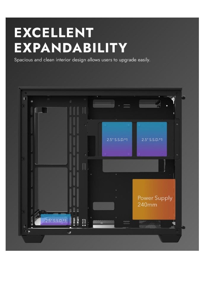 aigo Darkflash TH285 ATX/M-ATX/MINI-ITX Three Side Tempered Glass Gaming PC Case with 4*120 ARGB Pre-Installed Fans & LED Light Strip, Supports 360mm Radiator, USB 3.0 Port, 3*SSD/2*HDD PC Case- Black - Image 5