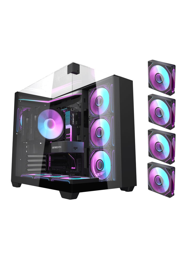 aigo Darkflash TH285 ATX/M-ATX/MINI-ITX Three Side Tempered Glass Gaming PC Case with 4*120 ARGB Pre-Installed Fans & LED Light Strip, Supports 360mm Radiator, USB 3.0 Port, 3*SSD/2*HDD PC Case- Black - Image 1