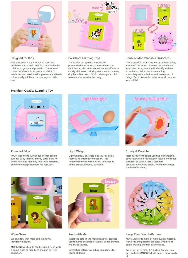 Festive Gallery 2Pcs Educational Toy For Kids Listen and Learn Literacy Audible Flash Cards For Toddlers 1 2 3 4 5 6 Years Old Boys Girls Flashcards Device With 112 pcs Double Sided Cards 224 Words Blue and Pink  Reader Set Of 2  - Image 2