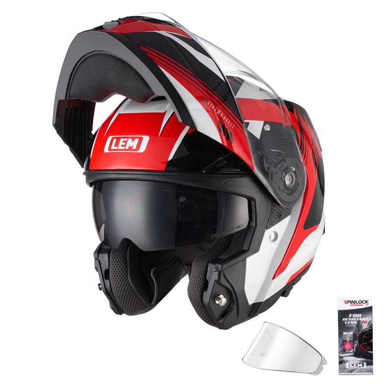 LEM Modular Motorcycle Helmets Fiberglass, Full Face Motorcycle Helmet Flip Up for Touring, DOT Certified, Release Sun Visor & Removable Comfort Liner, Lightweight Street Bike Helmet (Red/White,M) - Image 1