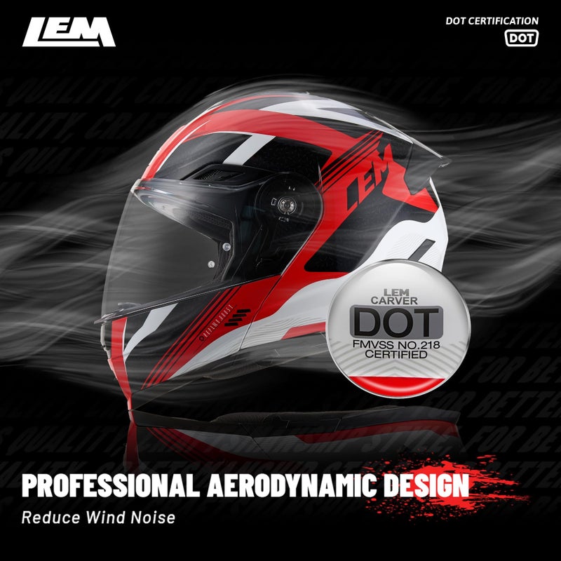 LEM Modular Motorcycle Helmets Fiberglass, Full Face Motorcycle Helmet Flip Up for Touring, DOT Certified, Release Sun Visor & Removable Comfort Liner, Lightweight Street Bike Helmet (Red/White,M) - Image 5
