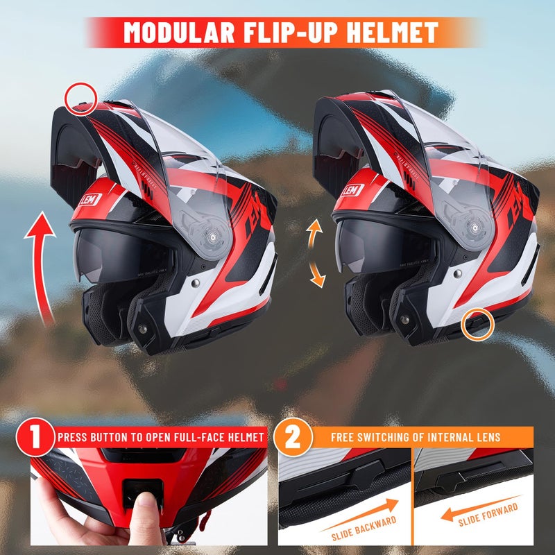 LEM Modular Motorcycle Helmets Fiberglass, Full Face Motorcycle Helmet Flip Up for Touring, DOT Certified, Release Sun Visor & Removable Comfort Liner, Lightweight Street Bike Helmet (Red/White,M) - Image 3