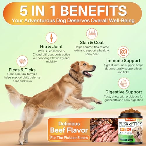 Puyrzoe 5-in-1 Dog Flea and Tick Treatment Chewable, Natural Flea and Tick Prevention for Dogs Chewable - Flea & Tick | Hip & Joint | Skin & Coat | Immunity Support | Digestive for All Breeds & Sizes - Image 2