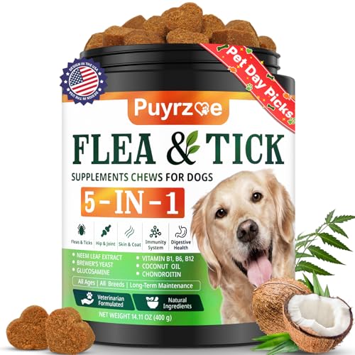 Puyrzoe 5-in-1 Dog Flea and Tick Treatment Chewable, Natural Flea and Tick Prevention for Dogs Chewable - Flea & Tick | Hip & Joint | Skin & Coat | Immunity Support | Digestive for All Breeds & Sizes - Image 1