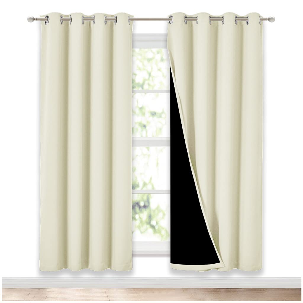 NICETOWN Living Room Completely Shaded Draperies Privacy Protection Noise Reducing Ring Top Drapes Black Lined Insulated Window Treatment Curtain Panels Beige 2 Pieces W52 x L72