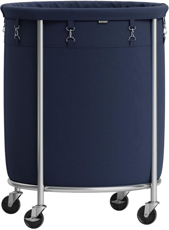 SONGMICS سلة غسيل SONGMICS بعجلات، سلة غسيل متحركة، 45 جالون، عربة غسيل دائرية بإطار فولاذي وحقيبة قابلة للإزالة، 4 عجلات و2 فرامل، لون رمادي أزرق وفضي معدني - Image 1