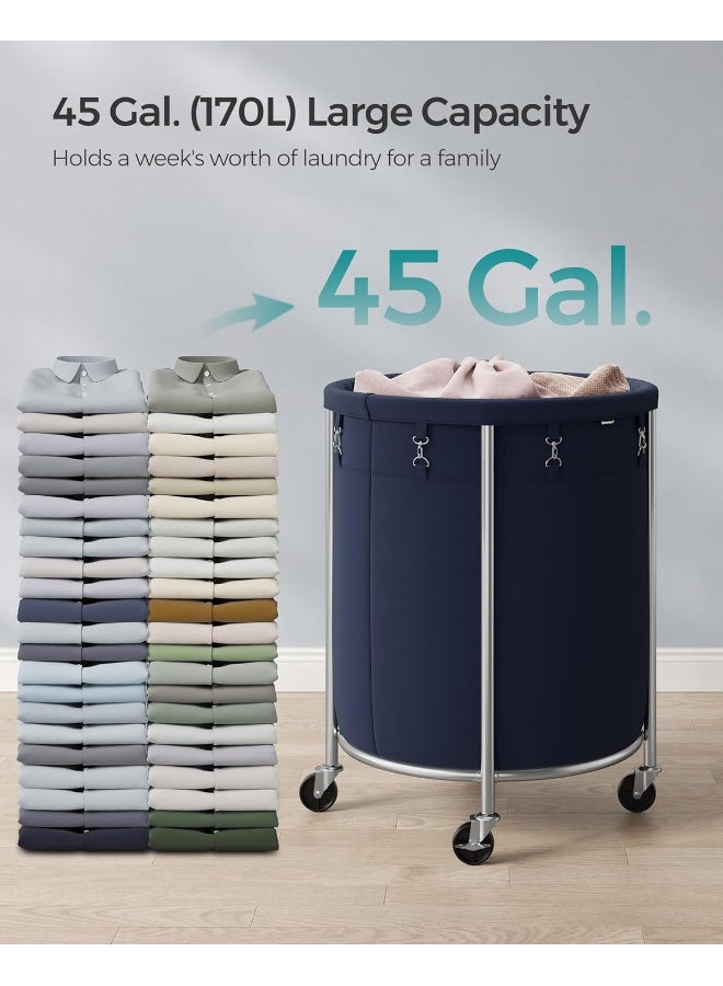 SONGMICS سلة غسيل SONGMICS بعجلات، سلة غسيل متحركة، 45 جالون، عربة غسيل دائرية بإطار فولاذي وحقيبة قابلة للإزالة، 4 عجلات و2 فرامل، لون رمادي أزرق وفضي معدني - Image 3