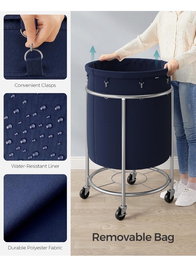 SONGMICS سلة غسيل SONGMICS بعجلات، سلة غسيل متحركة، 45 جالون، عربة غسيل دائرية بإطار فولاذي وحقيبة قابلة للإزالة، 4 عجلات و2 فرامل، لون رمادي أزرق وفضي معدني - Image 5