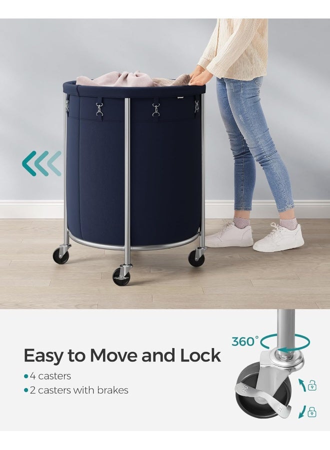 SONGMICS سلة غسيل SONGMICS بعجلات، سلة غسيل متحركة، 45 جالون، عربة غسيل دائرية بإطار فولاذي وحقيبة قابلة للإزالة، 4 عجلات و2 فرامل، لون رمادي أزرق وفضي معدني - Image 4