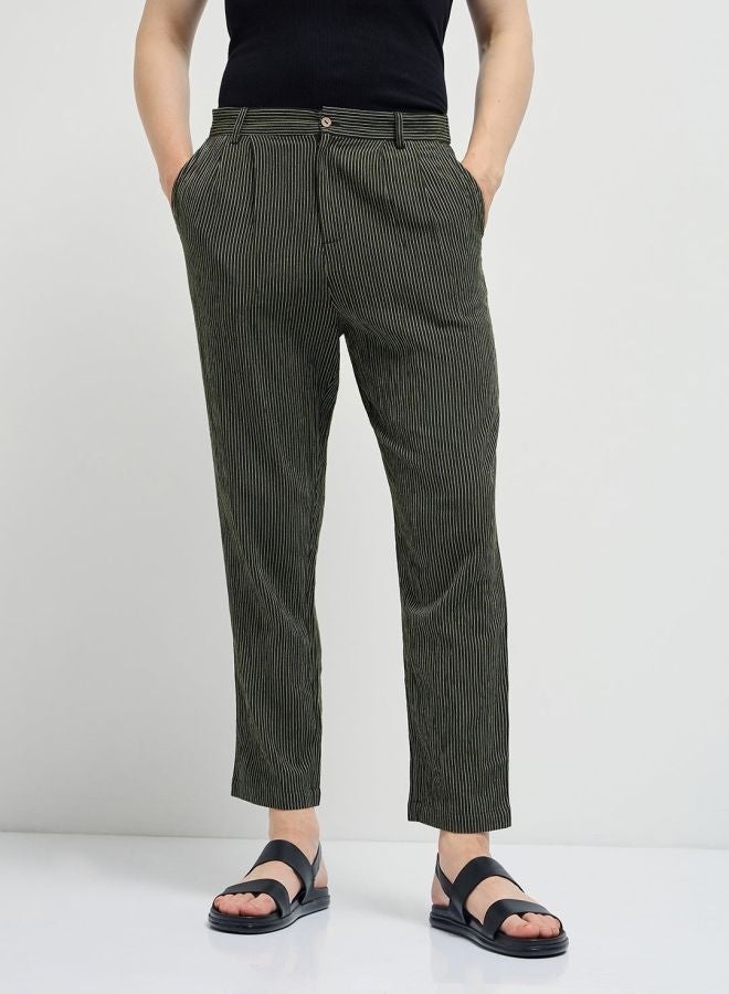 THE BEAR HOUSE Men's Green Striped Slim Fit Casual Trousers with Elasticated Waistband Versatile Office and Travel Pants Comfortable Fit for Everyday Use Easy to Style Bottomwear for Work Weekend and Outings - Image 1