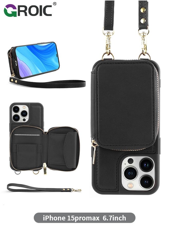 GROIC - iPhone 15 Pro Max Black Crossbody Wallet Case with Wrist Strap, Card Holder Phone Purse for Women, RFID Blocking Zipper Leather Cover for iPhone 15 Pro Max - Image 1