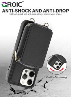 GROIC iPhone 15 Pro Max Black Crossbody Wallet Case with Wrist Strap, Card Holder Phone Purse for Women, RFID Blocking Zipper Leather Cover for iPhone 15 Pro Max  - Image 4
