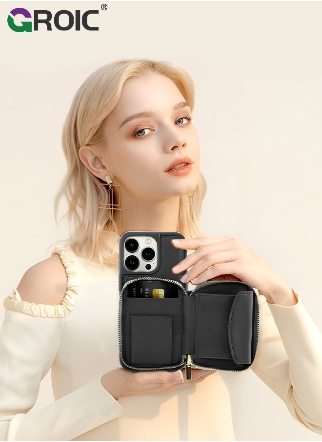 GROIC - iPhone 15 Pro Max Black Crossbody Wallet Case with Wrist Strap, Card Holder Phone Purse for Women, RFID Blocking Zipper Leather Cover for iPhone 15 Pro Max - Image 1