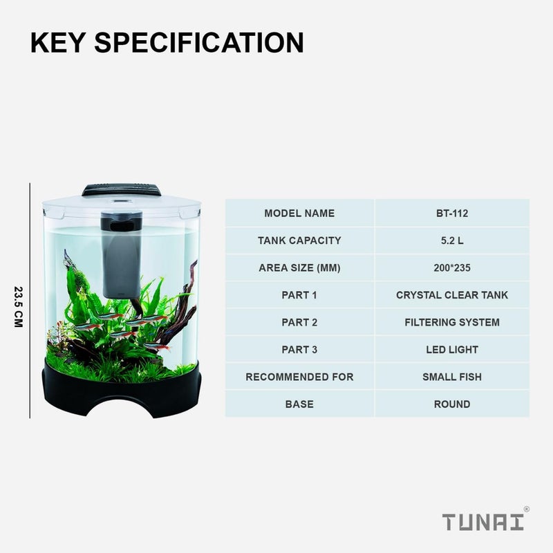 TUNAI + KW BT112 All-in-One DIY Aquarium Fish Tank Comes with Filter and Led Lights, 5.2 Ltrs Capacity Suitable for Small Fish Like Betta, Zebra, Guppy, Tetras & Others - Image 3
