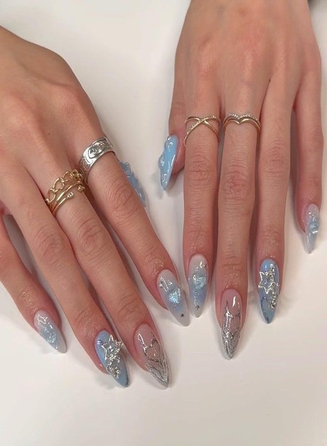 CTTHNBD Press-On Nails Almond Medium Blue Gradient Design False Nails with Star Heart Charms - Fake Nails, Full Cover - 24Pcs Y2K Acrylic Stick-On - Image 1