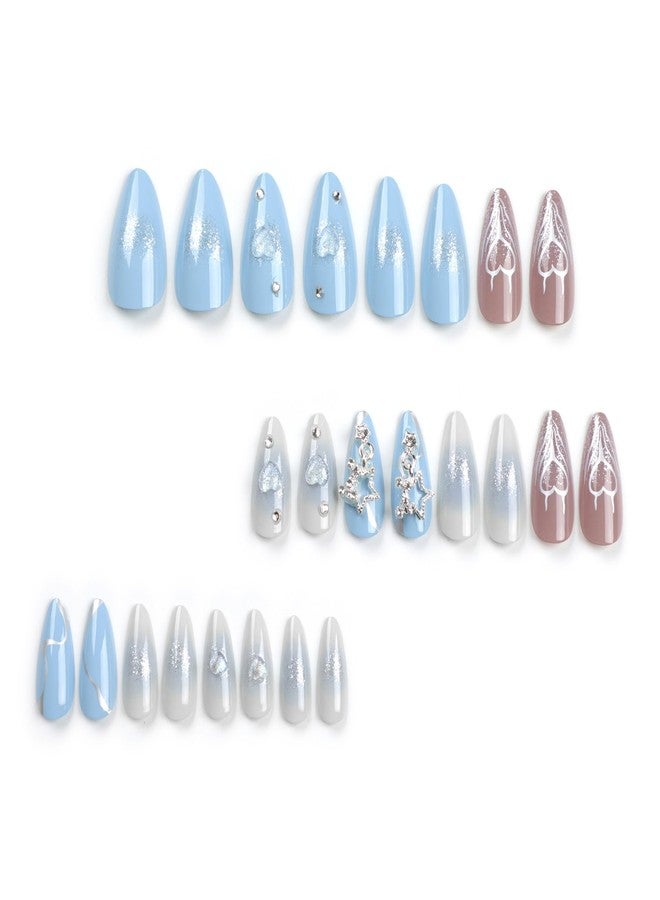 CTTHNBD Press-On Nails Almond Medium Blue Gradient Design False Nails with Star Heart Charms - Fake Nails, Full Cover - 24Pcs Y2K Acrylic Stick-On - Image 2