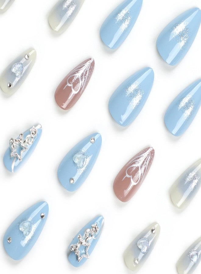 CTTHNBD Press-On Nails Almond Medium Blue Gradient Design False Nails with Star Heart Charms - Fake Nails, Full Cover - 24Pcs Y2K Acrylic Stick-On - Image 4