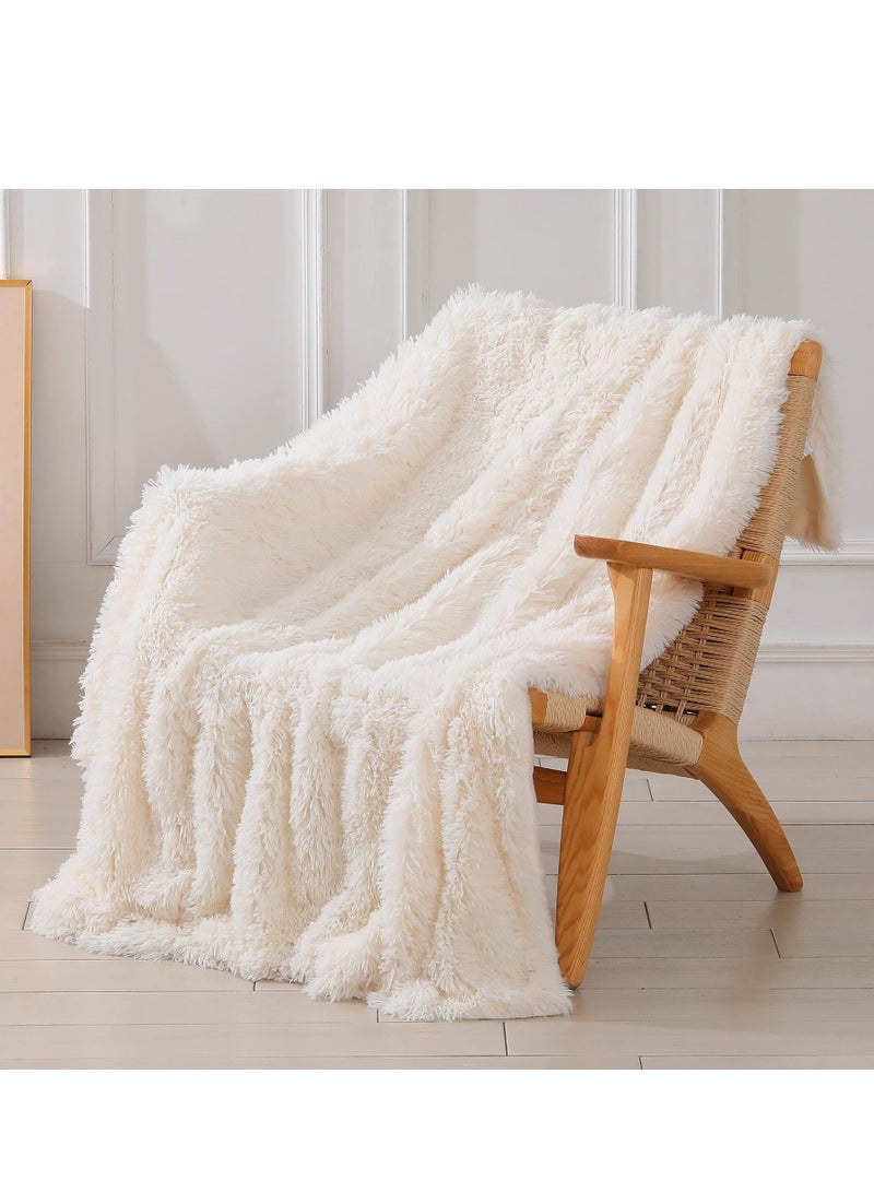 Decorative Extra Soft Fuzzy Faux Fur Throw Blanket 50" x 63", Solid Reversible Lightweight Long Hair Blanket, Fluffy Cozy Plush Comfy Microfiber Fleece for Couch Sofa Bedroom, Cream White - Image 1
