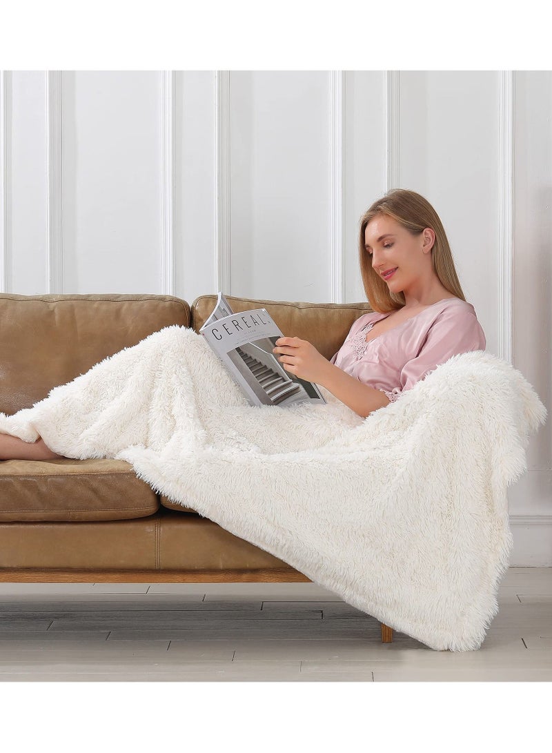Decorative Extra Soft Fuzzy Faux Fur Throw Blanket 50" x 63", Solid Reversible Lightweight Long Hair Blanket, Fluffy Cozy Plush Comfy Microfiber Fleece for Couch Sofa Bedroom, Cream White - Image 3