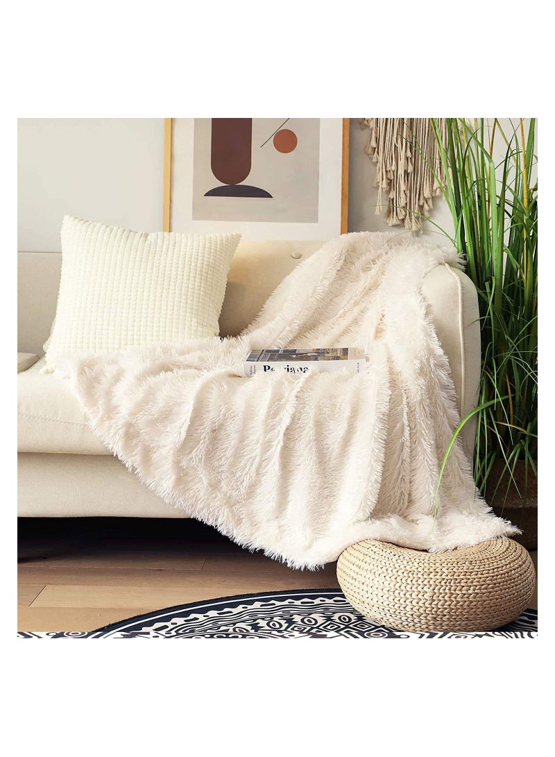 Decorative Extra Soft Fuzzy Faux Fur Throw Blanket 50" x 63", Solid Reversible Lightweight Long Hair Blanket, Fluffy Cozy Plush Comfy Microfiber Fleece for Couch Sofa Bedroom, Cream White - Image 2