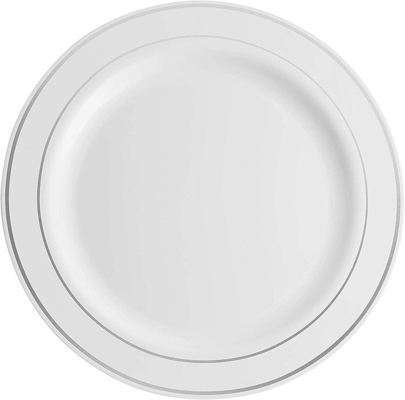 Munfix 60 Silver Plastic Plates Set  30 Pcs 10.25 Inch Dinner and 30 Pcs 7.5 Inch Plastic Dessert Plates  Elegant Fancy Heavy Duty Disposable Plates for Party  Wedding  White with Silver Rim - Image 2