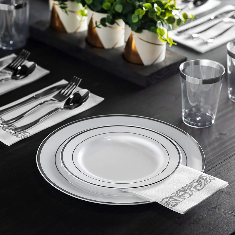 Munfix 60 Silver Plastic Plates Set  30 Pcs 10.25 Inch Dinner and 30 Pcs 7.5 Inch Plastic Dessert Plates  Elegant Fancy Heavy Duty Disposable Plates for Party  Wedding  White with Silver Rim - Image 3