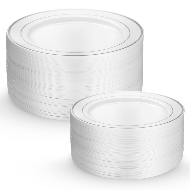 Munfix 60 Silver Plastic Plates Set  30 Pcs 10.25 Inch Dinner and 30 Pcs 7.5 Inch Plastic Dessert Plates  Elegant Fancy Heavy Duty Disposable Plates for Party  Wedding  White with Silver Rim - Image 1
