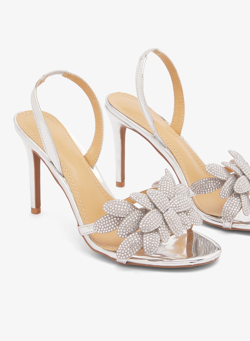 Namshi x Rhinestone Detail Sparkle High Heel Sandals Silver - Image 4