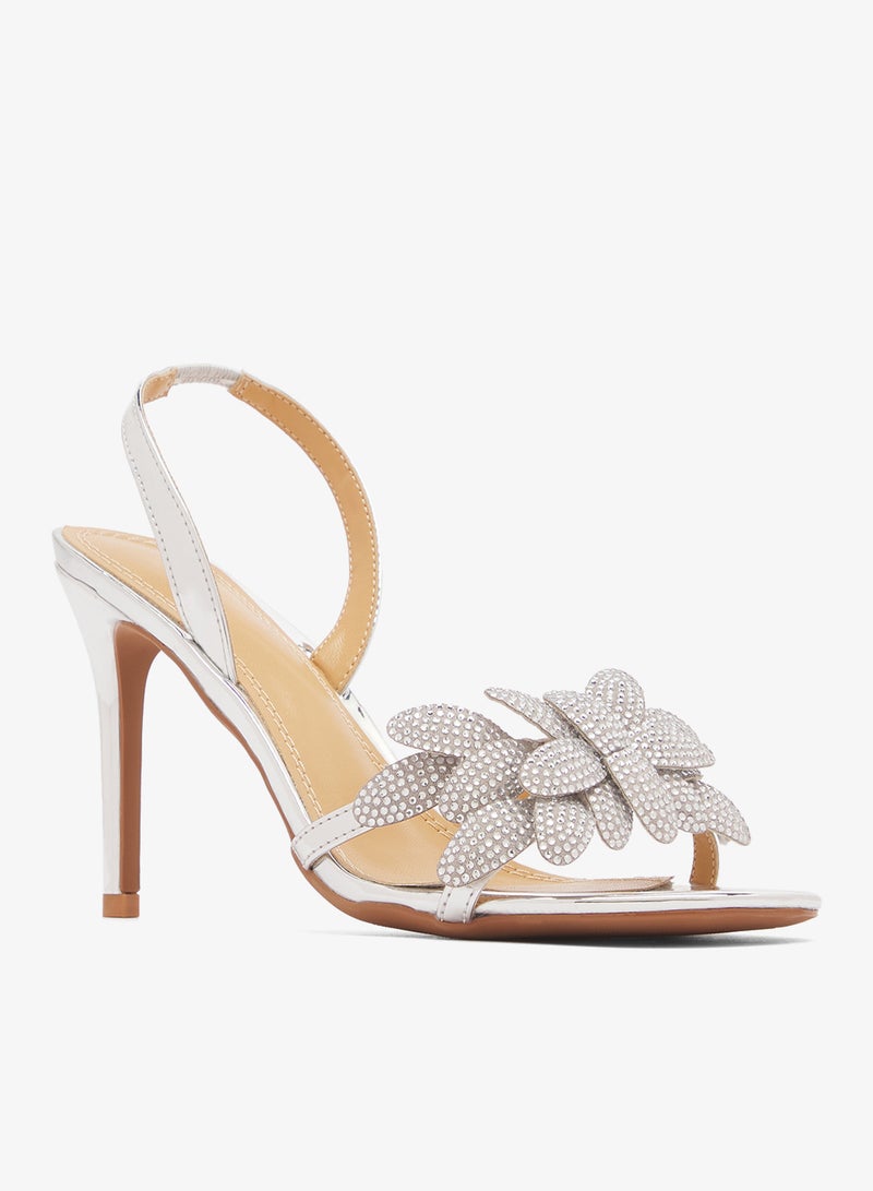 Namshi x Rhinestone Detail Sparkle High Heel Sandals Silver - Image 2